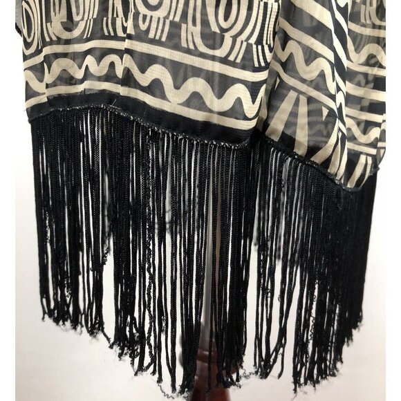 Lularoe Sheer Kimono Tribal Print with Bottom Fringe Tan Black Small - Picture 6 of 8